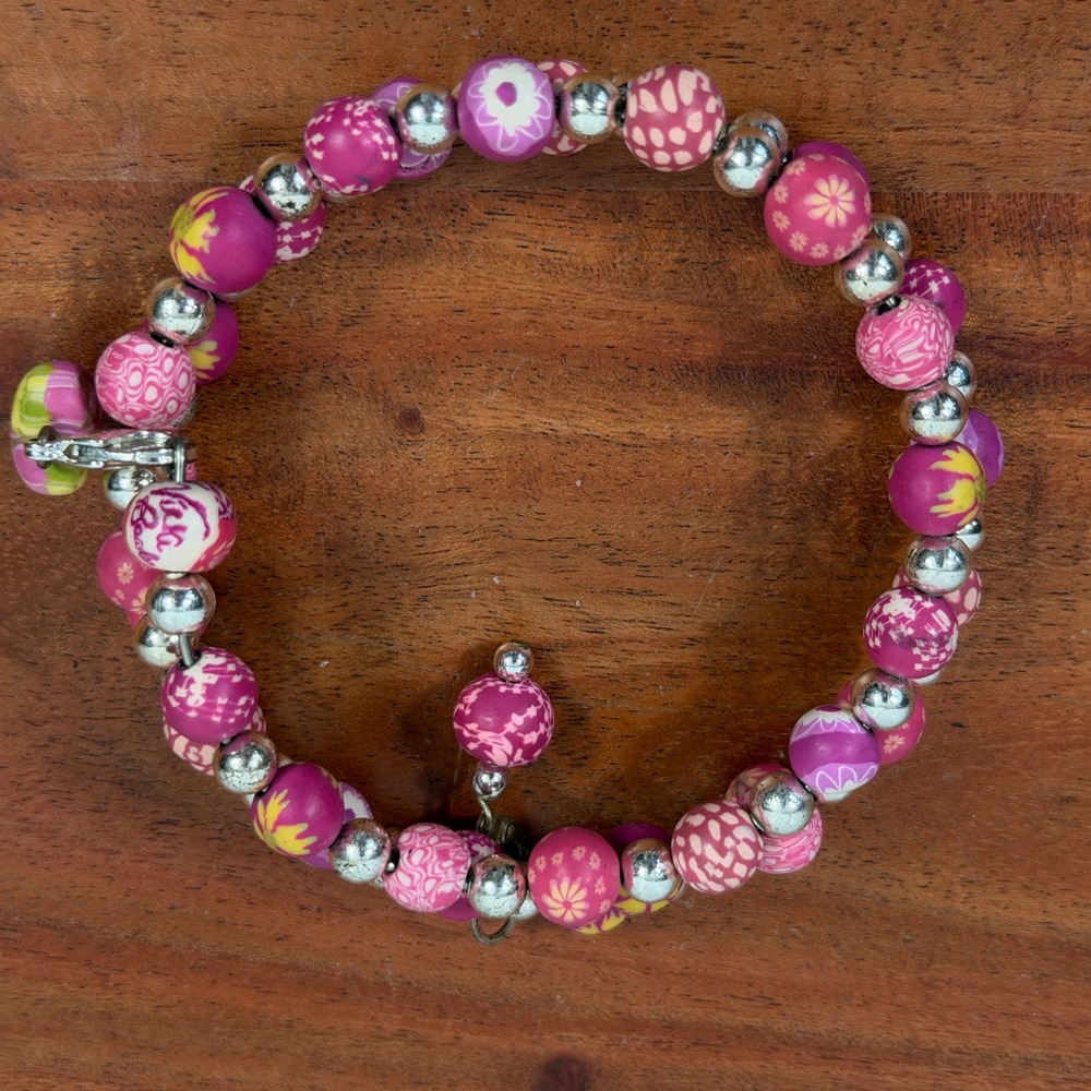 Vika Beads Pink Purple Floral Clay Bead Wrap Bracelet with Heart Charm